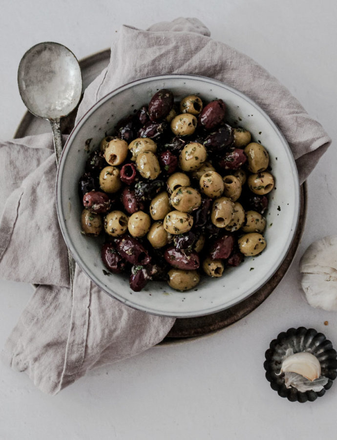 Garlic marinated olives
