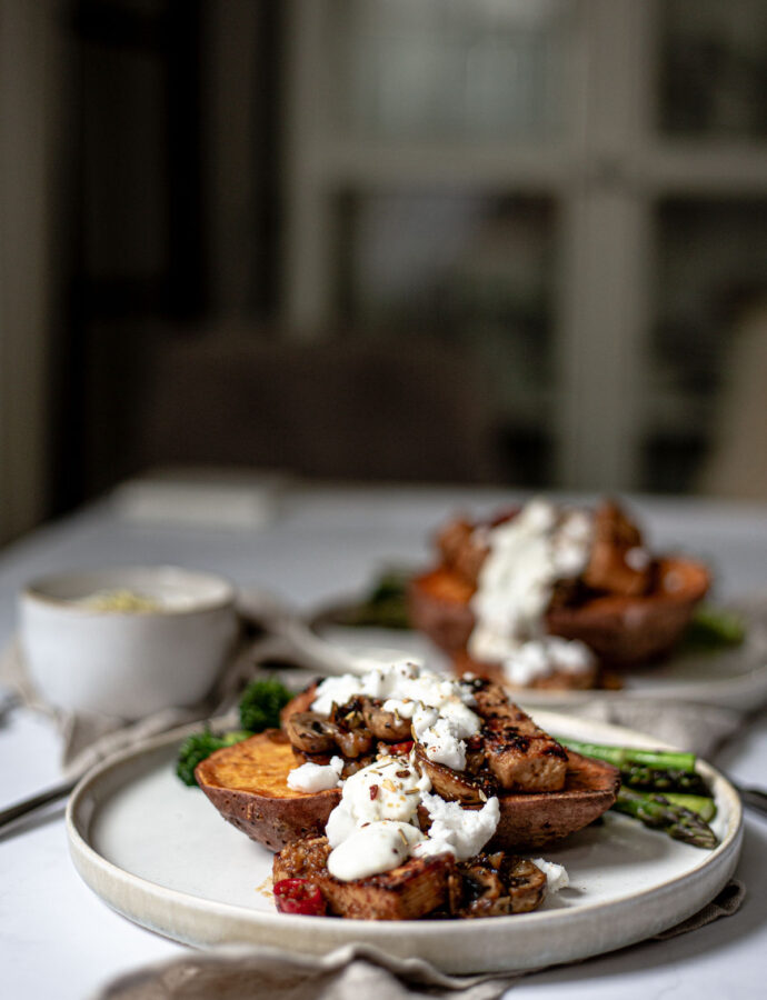 Oven-baked sweet potatoes with tofu and feta cheese