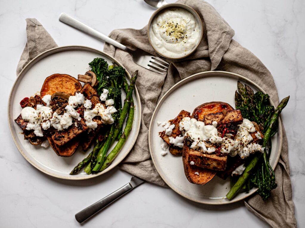 Oven-baked sweet potatoes with tofu and feta cheese