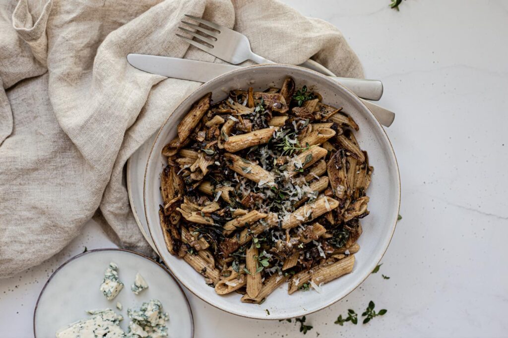 Winter chanterelle pasta with blue cheese