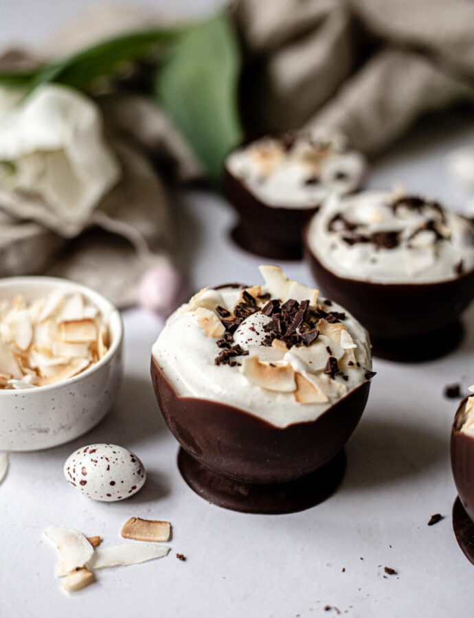 Chocolate cups with coconut-lime mousse